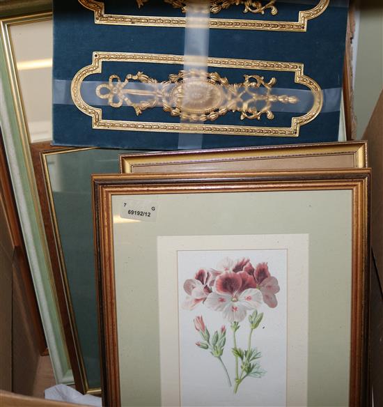 Joan Hadfield, three watercolours, various, signed, another watercolour & three prints & decorative ormolu finger plates (-)